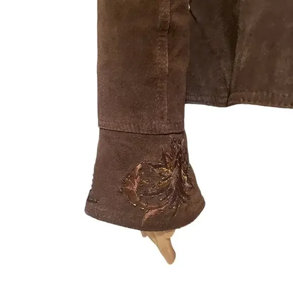 Coldwater Creek brown leather embroidered boho jacket size small